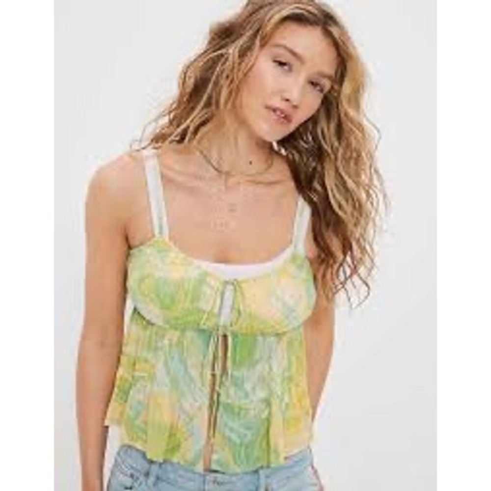 American‎ Eagle Babydoll Cami XL Green Yellow Marble Tie Front Peplum Tank Top